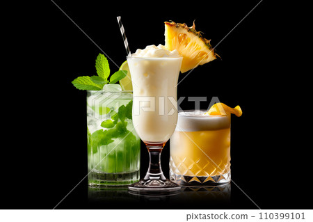 Set and collection of classic alcohol cocktails or mocktail isolated on white background with fresh summer fruits Set and collection of classic alcohol cocktails or mocktail isolated on white background with fresh summer fruits 110399101