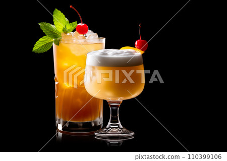Set of Whiskey Sour and Old Fashioned cocktail garnished with a lemon in rocks glass on white background 110399106