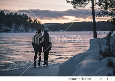 Young couple ice skating hand in hand on a serene, frozen lake surrounded by snow covered trees on a sunny day. Young couple ice skating hand in hand on a serene, frozen lake surrounded by snow covered trees on a sunny day. 110399108