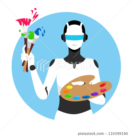 帶有人工智慧畫筆和調色板繪畫的機器人的向量圖。具有圓形形狀的背景。 110399190