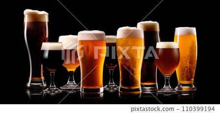 Set of Beer glasses on a black background. Mugs with drink like Ipa, Pale Ale, Pilsner, Porter or Stout Set of Beer glasses on a black background. Mugs with drink like Ipa, Pale Ale, Pilsner, Porter or Stout 110399194
