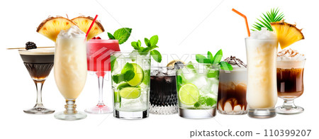 Set and collection of classic alcohol cocktails or mocktail isolated on white background with fresh summer fruits Set and collection of classic alcohol cocktails or mocktail isolated on white background with fresh summer fruits 110399207