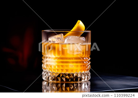 Maple Whiskey Sour cocktail garnished with a lemon in rocks glass on white background Maple Whiskey Sour cocktail garnished with a lemon in rocks glass on white background 110399224