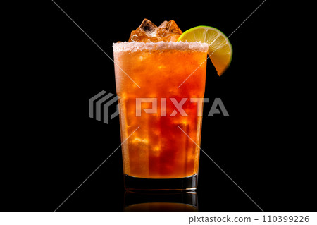 Michelada cocktail in beer glass featuring with beer, lime juice, tomato juice, spicy sauce and spices on black. Michelada cocktail in beer glass featuring with beer, lime juice, tomato juice, spicy sauce and spices on black. 110399226