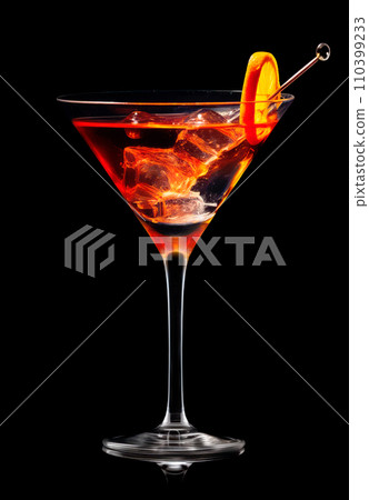 Refreshing Bourbon Manhattan cocktail with vermouth and maraschino cherry garnish isolated on black background/ 110399233
