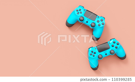 Realistic blue video game joysticks or gamepads on pink background 110399285