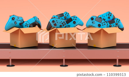 Set of gamer joysticks or gamepads in cardboard box on factory line on orange Set of gamer joysticks or gamepads in cardboard box on factory line on orange 110399313