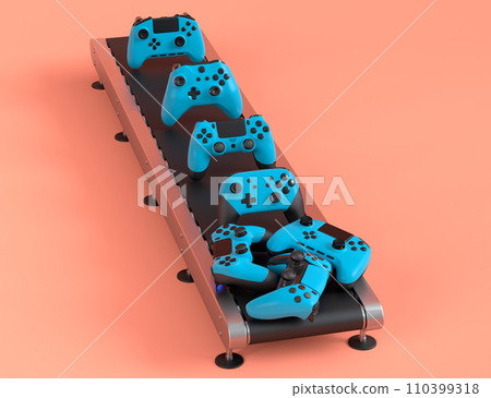 Set of gamer joysticks or gamepads on factory line on orange background Set of gamer joysticks or gamepads on factory line on orange background 110399318