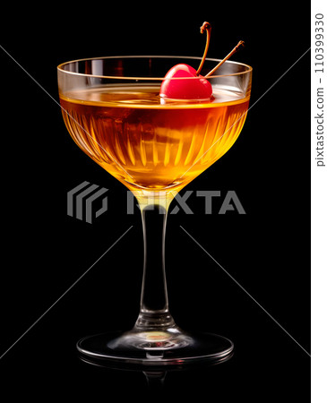Refreshing Bourbon Manhattan cocktail with vermouth and maraschino cherry garnish isolated on black background/ 110399330