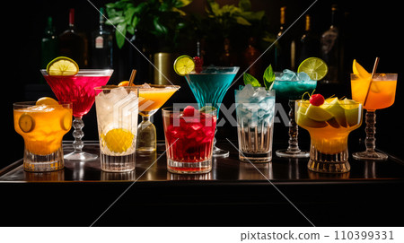 Set and collection of classic alcohol cocktails or mocktail on dark black background with fresh summer fruits 110399331