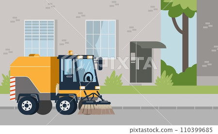 Sweeper truck machines clean wash urban street asphalt, remove garbage, vector street cleaning industry service cars 110399685