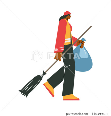 Woman cleaner or street cleaning service worker, vector illustration isolated. 110399692
