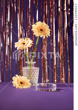 A glass podium in round shaped arranged with a pot of flowers. Concept scene stage showcase for new product, promotion sale, cosmetic presentation A glass podium in round shaped arranged with a pot of flowers. Concept scene stage showcase for new product, promotion sale, cosmetic presentation 110399917