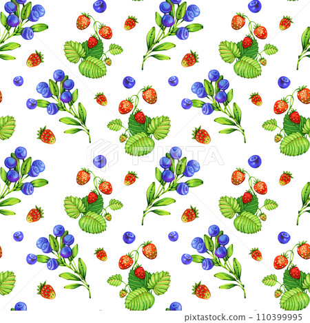 Seamless pattern with decorative forest berries, green branches drawn by markers Seamless pattern with decorative forest berries, green branches drawn by markers 110399995