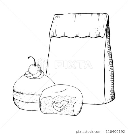 Donut with jam and cherry topping and paper craft bag for takeaway vector black and white graphic illustration for breakfast and coffee break designs, bakery or cafe menu Donut with jam and cherry topping and paper craft bag for takeaway vector black and white graphic illustration for breakfast and coffee break designs, bakery or cafe menu 110400192