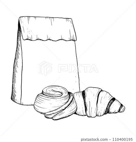 Vector chocolate croissant, cinnamon roll bun and paper craft bag black and white illustration sketch for breakfast and coffee break in bakery designs 110400195