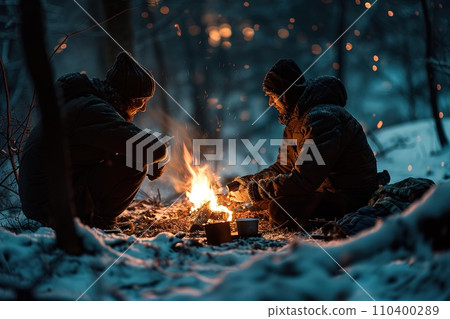 Vibrant campfire crackles amidst a snowy scene, with golden bokeh lights and two blurred figures seated behind, evoking warmth in the cold winter ambiance. 110400289