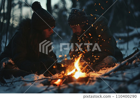 Vibrant campfire crackles amidst a snowy scene, with golden bokeh lights and two blurred figures seated behind, evoking warmth in the cold winter ambiance. 110400290