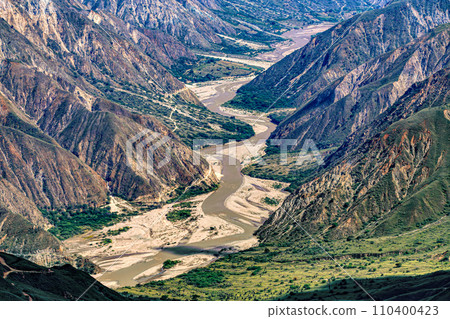 Chicamocha Canyon, steep sided canyon carved by the Chicamocha River in Colombia. 110400423