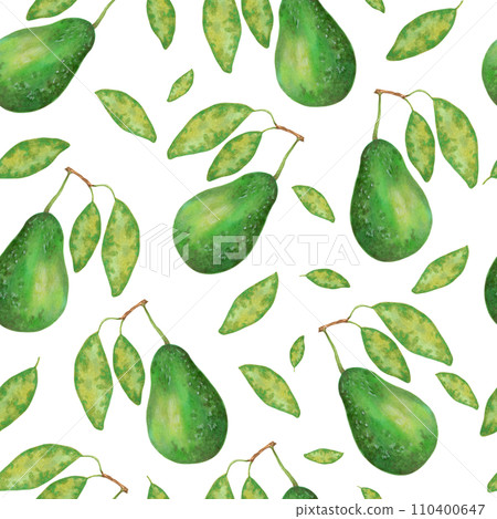 Fruit seamless pattern of avocado with leaves. Botanical texture for eco and healthy food for printing on fabric, paper. Watercolor and marker illustration.Hand drawn art. 110400647