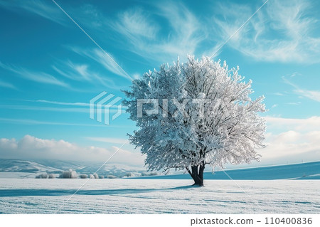 Solitary tree stands covered in frost against a bright blue sky, surrounded by a pristine snowy landscape with footprints scattered across the foreground. Solitary tree stands covered in frost against a bright blue sky, surrounded by a pristine snowy landscape with footprints scattered across the foreground. 110400836