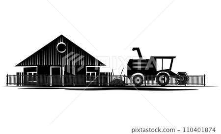 Set of silhouette scenes from farm life with house and harvester isolated on white background. Rural clipart. 110401074
