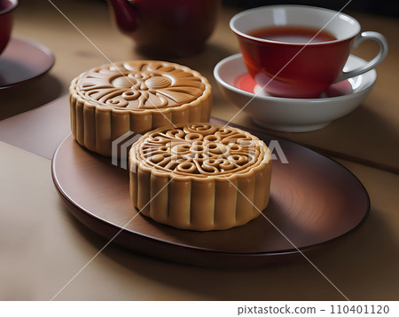 Mooncake traditional Chinese pastry served with tea for Mid Autumn day festival 110401120