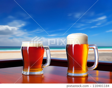 glass beer mug on table of beach bar restaurant glass beer mug on table of beach bar restaurant 110401184