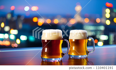glass beer mug on table rooftop sky bar restaurant glass beer mug on table rooftop sky bar restaurant 110401191