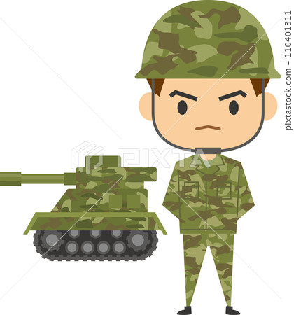 一名男性自衛隊成員和一輛坦克的圖像插圖 一名男性自衛隊成員和一輛坦克的圖像插圖 110401311