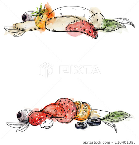 Hand drawn watercolor ink illustration. Pizza ingredients mozzarella cheese pepperoni tomato basil herb. Square frame isolated on white. Design restaurant, menu, cafe, food shop package, flyer, print. 110401383