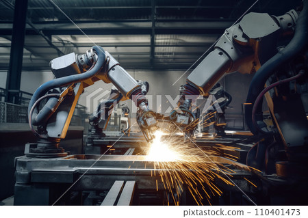 Robotic Welding. Robots welding in workshop of industrial plant. 110401473