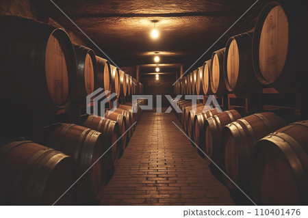 Wine barrels in a wine cellar. Oak Wine Barrels in winemaking and Winery Barrel room. Wine barrels in a wine cellar. Oak Wine Barrels in winemaking and Winery Barrel room. 110401476