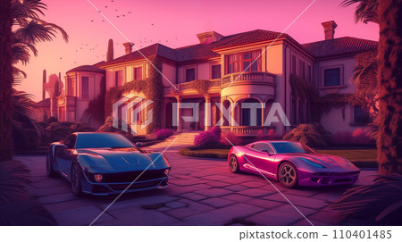 Villa and Luxury cars. Sport cars in courtyard near a luxury villa. 110401485