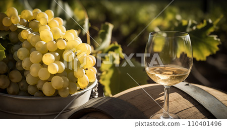 Wine Glass with Chardonnay Grapevine tasting. Vino Degustation in wine cellar 110401496
