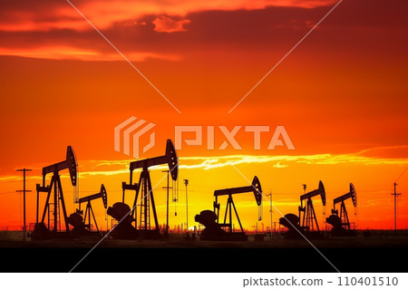 Oil drill rig and drilling derrick. Crude oil Pumpjack on oilfield on sunset 110401510