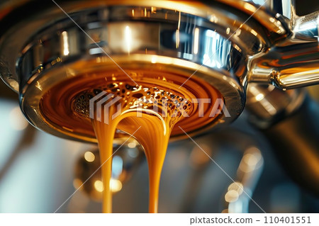 AI-generated content. Closeup of espresso shot from espresso machine. Generative AI AI-generated content. Closeup of espresso shot from espresso machine. Generative AI 110401551