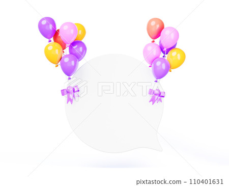White speech bubble flying on bundles of colorful balloons 3d render. Chat icon for happy message, text, dialog. Blank round birthday banner frame for celebratory party, holiday sale. 3D illustration White speech bubble flying on bundles of colorful balloons 3d render. Chat icon for happy message, text, dialog. Blank round birthday banner frame for celebratory party, holiday sale. 3D illustration 110401631