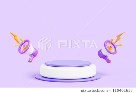 3d render podium display with megaphone speaker or loudspeaker bullhorn on purple background. Blank stage, platform for digital marketing, online news, social media promotion banner. 3D illustration 110401633