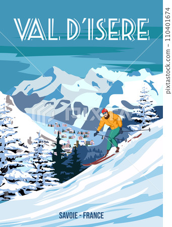 Travel poster Ski Val d'Isere resort vintage. France winter landscape travel card 110401674