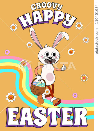 Vintage Happy Easter poster Trendy Easter Groovy 1970 style with bunny, flowers, egg, rainbow 110401684