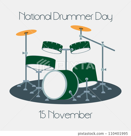 National Hug a Drummer Day. Vector Flat style illustration with Lettering. Idea for poster, Holiday Greeting card, Banner or flyer. Hand Drawn Design element with Musical Instrument, Percussion set. 110401995
