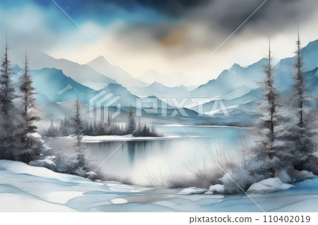 Winter landscape in retro style. Beautiful watercolors of a winter lake between high mountains. Winter landscape in retro style. Beautiful watercolors of a winter lake between high mountains. 110402019