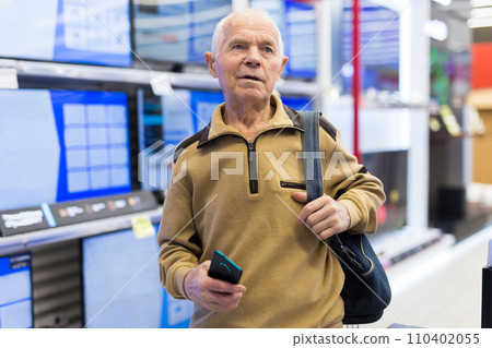Elderly man choosing TV in showroom of electronics store Elderly man choosing TV in showroom of electronics store 110402055
