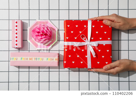 Gifts for Valentine's Day, on a light background, flat lay. Gifts for Valentine's Day, on a light background, flat lay. 110402206