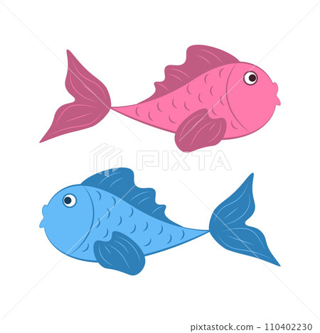 Fish. Two cartoon-style fish, pink and blue. A cute children s illustration with the image of two fish. Vector illustration isolated on a white background 110402230