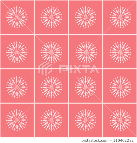 Snowflakes pattern. Seamless pattern with the image of snowflakes in a square on a pink background. Geometric pattern with snowflakes. Vector illustration Snowflakes pattern. Seamless pattern with the image of snowflakes in a square on a pink background. Geometric pattern with snowflakes. Vector illustration 110402252