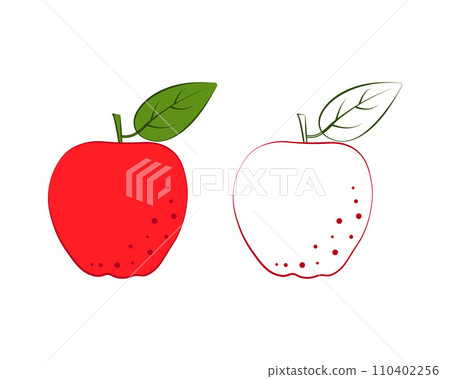 Apple coloring book. Two images of an apple. The apple is colored and in a linear style. Ripe fruit. Vector illustration 110402256
