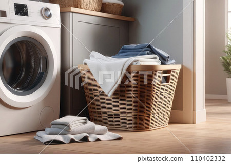 Home laundry room with modern washing machine and shelving unit in laundry. Home laundry room with modern washing machine and shelving unit in laundry. 110402332