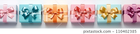 AI-generated content. Banner with multi-colored bright gift boxes. Festive background 110402385